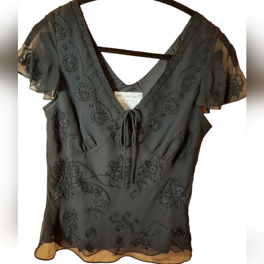 Papell Boutique Beaded Embellished Silk Top Short Sleeves Blouse Black Size PM